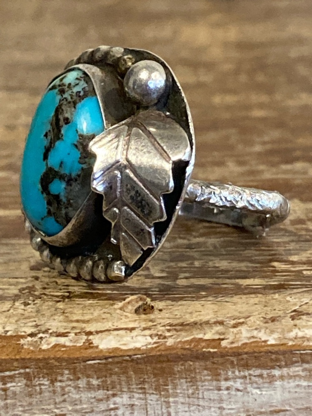 Destroyed Ring Silver Tone with Leaf and Blue Stone